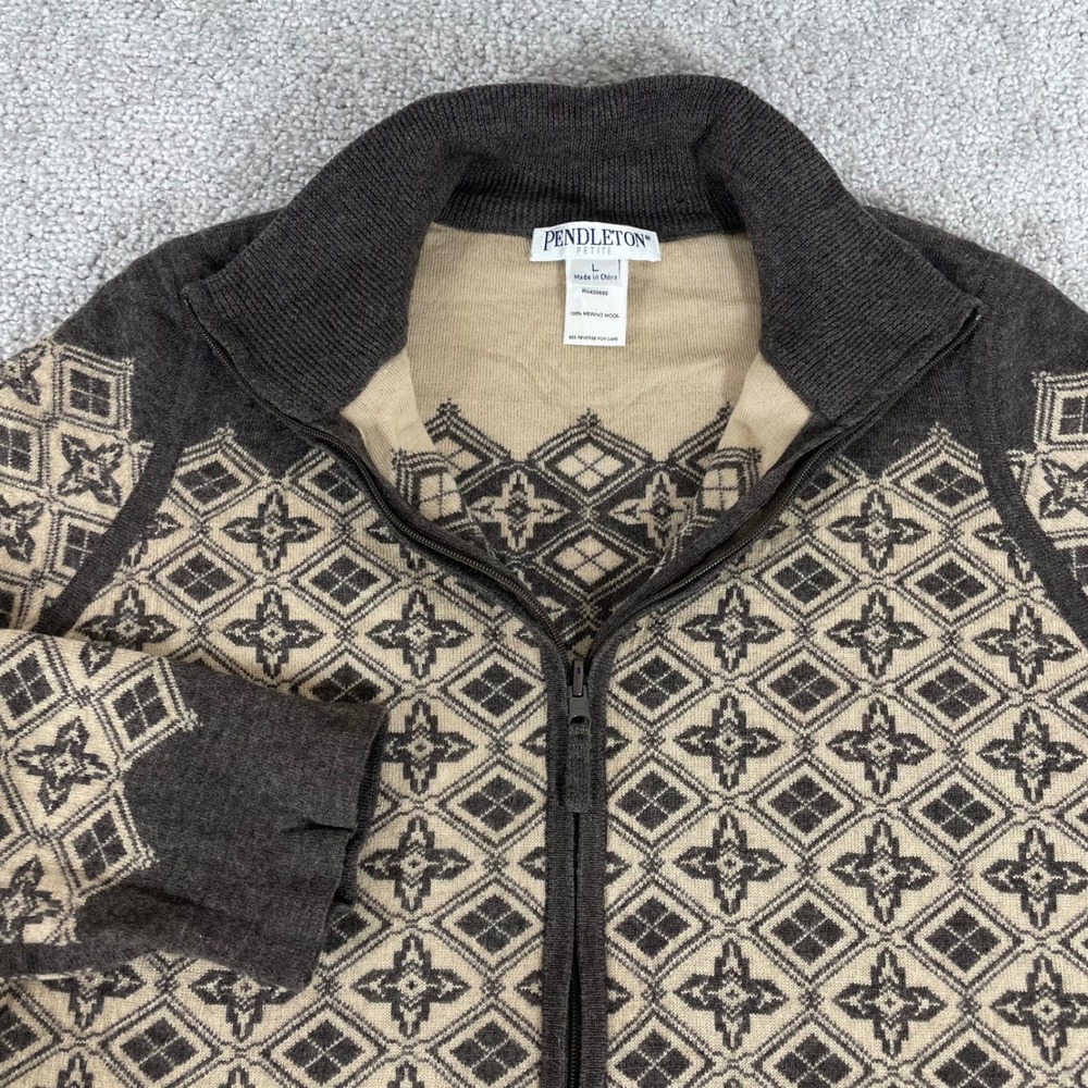 Pendleton Sweater Womens Large Petite Merino Wool Full Zip Cardigan Brown